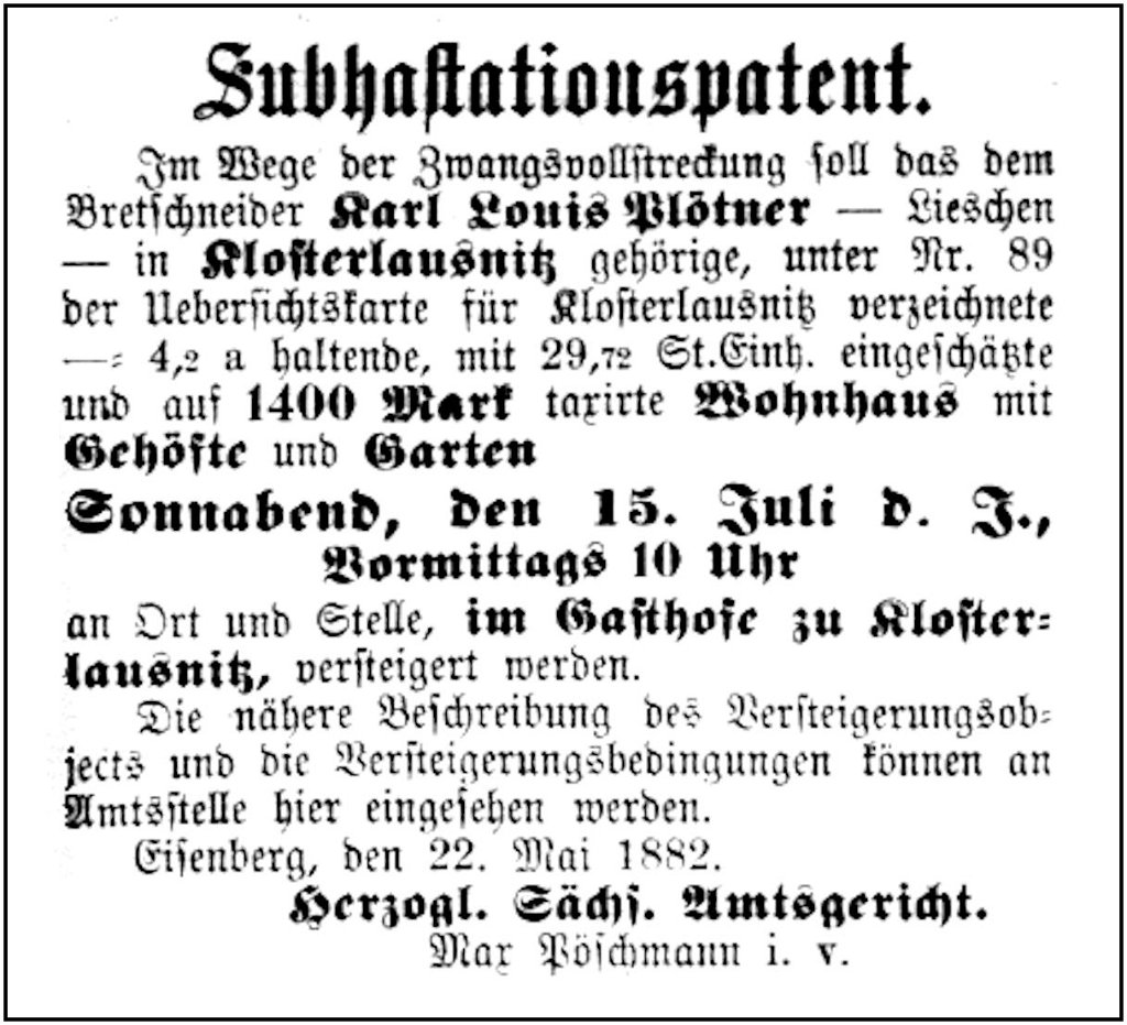 1882-05-22 Kl Zwangsversteigerung Ploetner